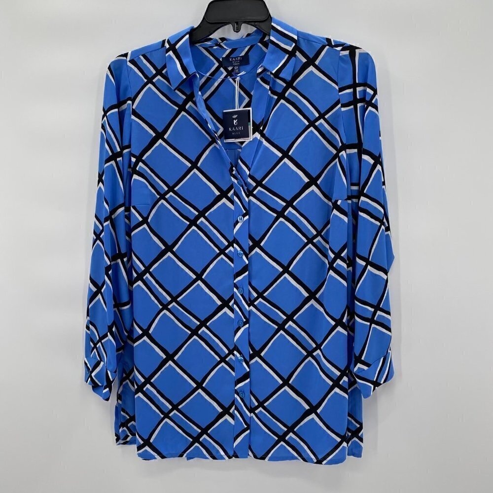 Kaari Blue Plaid Pleated Back Long Sleeve Button Down Blue/Black Women's Size OX